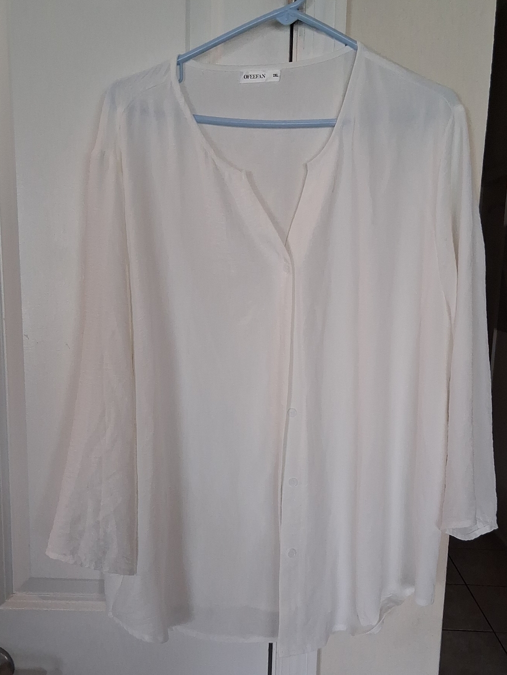 H: Effortless Off-White Button-Front Women's Blouse by OTEFAN